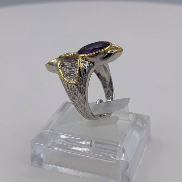 Ring, solid 925 sterling silver, 24 Karat gold, real amethyst, adjustabl… - Picture 7 of 15